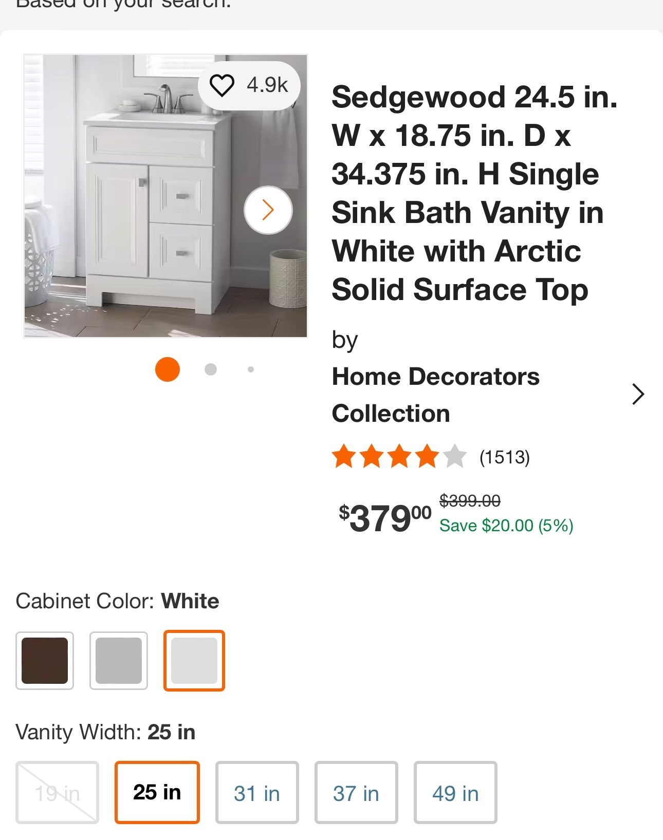Sedgewood 24.5 in. W x 18.75 in. D x 34.375 in. H Single Sink Bath Vanity in White with Arctic Solid Surface Top by Home Decorators Collection Home & Garden