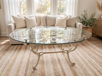Vintage French Provincial Wrought Iron & Glass Oval Coffee Table – Ornate Fleur-de-Lis Design