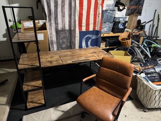 Industrial Desk with Shelving Unit and Office Chair