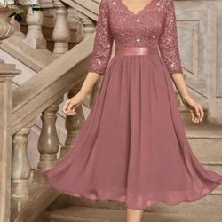 MIUSOL Elegant V-Neck Sequin Floral Lace Ruffle Chiffon 3/4 Sleeve Maxi Evening Dress