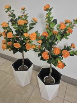 *** NEW LOW PRICE *** PAIR of 50" Faux Orange Camellia Trees in Hexagonal Mobile Planters @ Lasting Creations