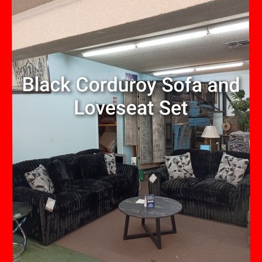💥 Black Corduroy Sofa And Loveseat Set 