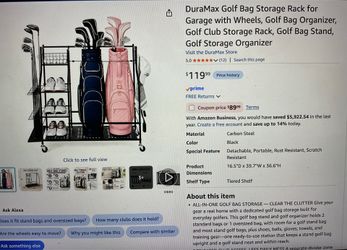 Brand new golf bag, storage rack for garage with wheels