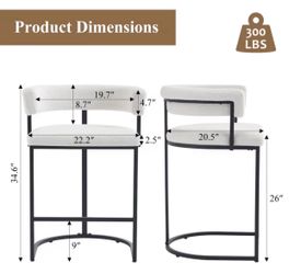 white Modern Bar Stools with Barrel Backrest, Upholstered Seat, and Black Metal Footrest - 25.6-Inch Seat Height, Ideal for Counters, Home Bars, and K