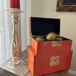 Decorative Red Lacquer Boxes with Gold Accents + Mercury Glass Candle Holder – Elegant Accent Set