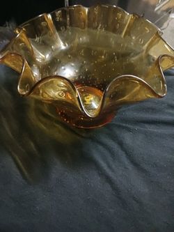 Vintage Ruffle Edged Amber Art Glass Bowl with controlled Bubbles Murano