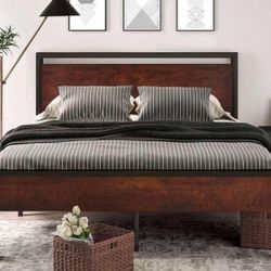 14 Inch Full Size Metal Platform Bed Frame with Wooden Headboard and Footboard, Mattress Foundation, No Box Spring Needed, Mahogany