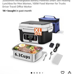 XL 6.3-Cups Cordless Electric Heated Lunch Box for Adults, 20000mAh Rechargeable Battery Powered Smart Self Heating Lunchbox for Men Women, 100W Food 