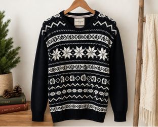 Weatherproof Vintage Holiday Sweater Mens M Fair Isle Nordic 100% Cotton Navy