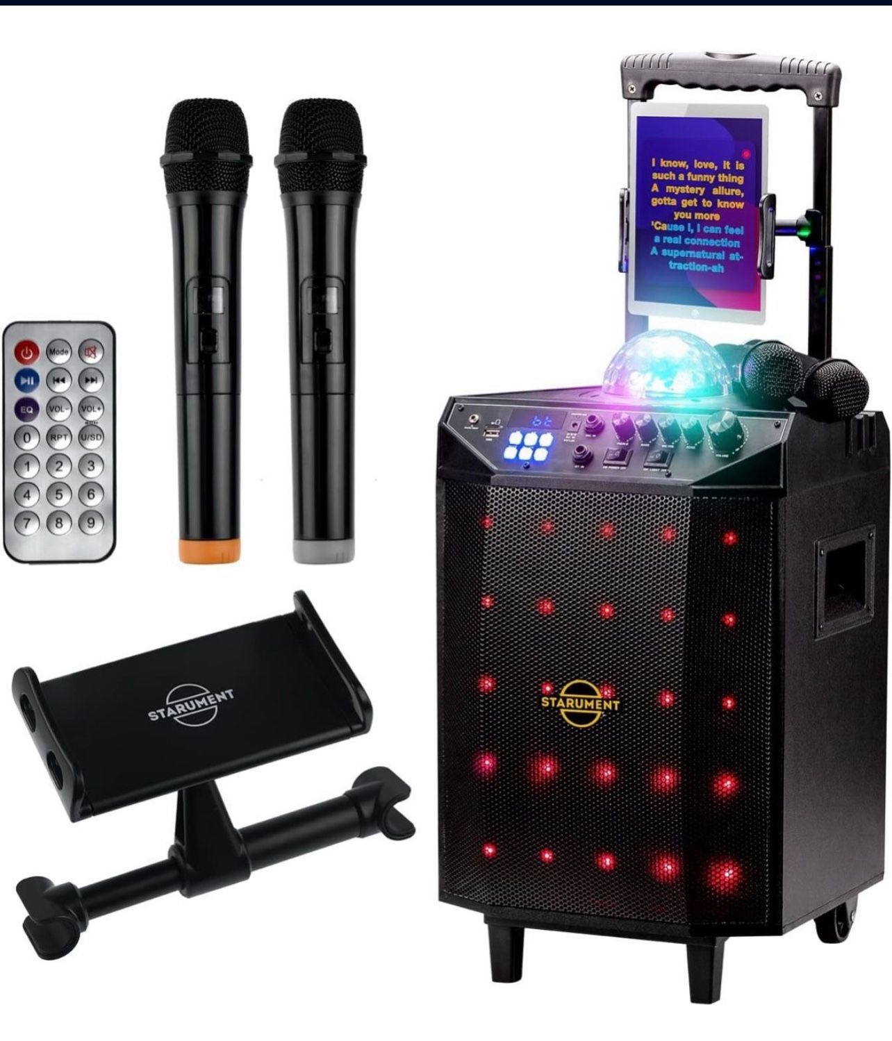 Starument Portable Karaoke Machine for Adults & Kids Complete Karaoke System Includes Bluetooth Speakers on Wheels, 2 Bluetooth Microphones, Disco Bal