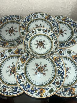 Bonvida BVX 3 Antique Portuguese Porcelain 7 Piece Set, 6 Dinner Plates 1 Soup Bowl