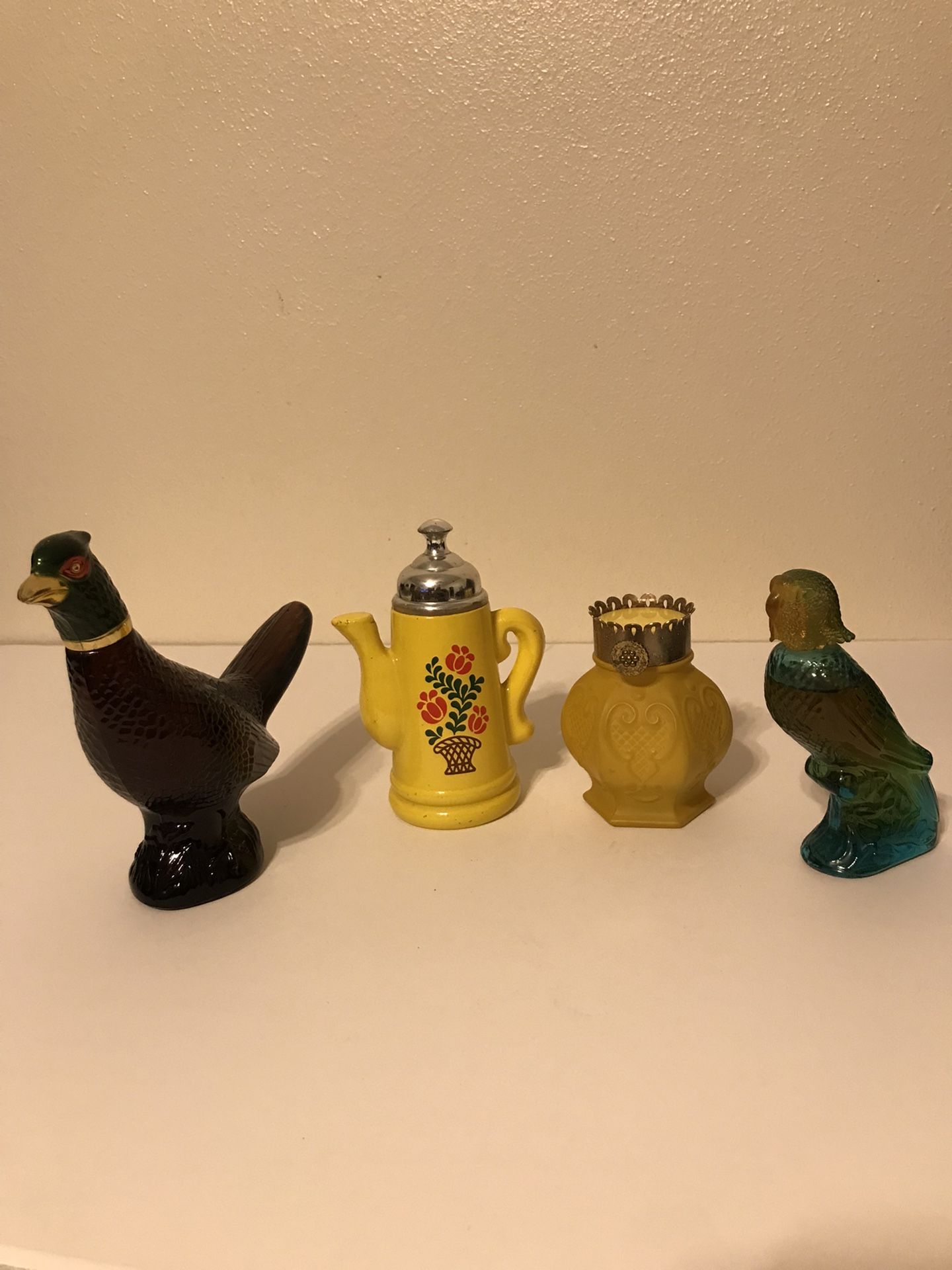 Vintage Set of 4 Empty Avon Bottles- 1 Pheasant, 1 Parrot, 1 Lamp, & 1 TeaPot