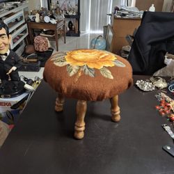 Vintage Mid 20th Century Styling Boho Foot Stool With Beautiful Yellow Rose Needlepoint Cushion, Very Sturdy 10"H X 11.5"W