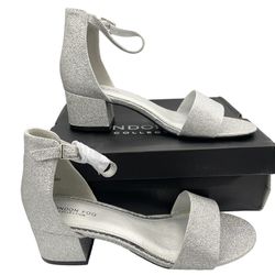 London Fog silver glitter ankle strap block heel sandals women Size 9