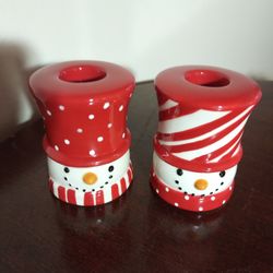 PAIR OF SNOWMAN TAPER CANDLE HOLDERS