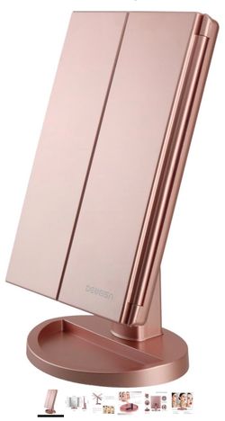 Dresser Mount Tri-Fold Lighted Vanity Mirror with 21 LED Lights, Touch Screen and 3X/2X/1X Magnification, Two Power Supply Modes Make Up Mirror,Travel
