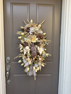 Welcome Spring Egg & Tulip Door Swag in Cream and Brown