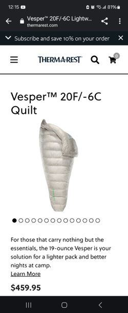 Ultra Light! Thermarest Vesper 20F/-6C 900 Fill Down Quilt