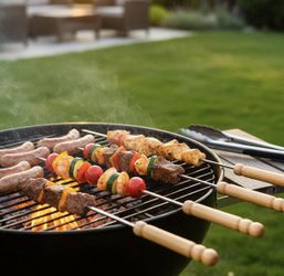 HAKSEN 12 PCS Skewers for Grilling, Kabob Skewers with Wood Handle, Reusable BBQ Barbecue Sticks for Marshmallow, Hot Dog, Meat, Vegetable, Camping Co