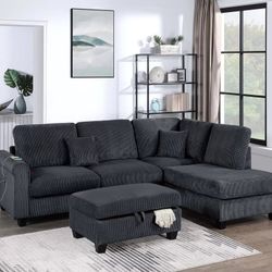 ✅️✅️3 pc black corduroy fabric sectional sofa with USB plugs rounded arms with chaise and storage ottoman✅️✅️
