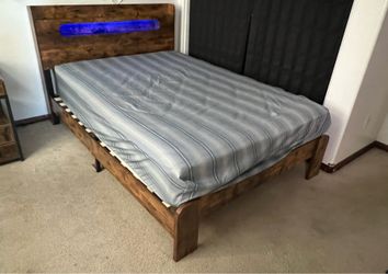 Wooden Bed Frame Full Size with Storage Headboard, Farmhouse Platform Bedframe with Bookcase Shelf & Led Lights