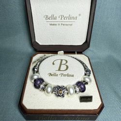 Bella Perlina Silver Tone, Butterfly, Purple Charms, Hard Bracelet