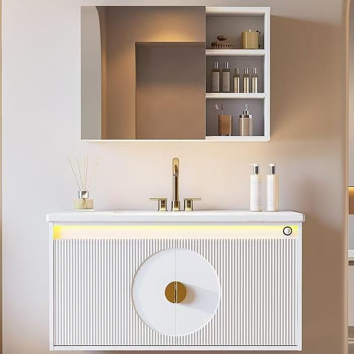 🥨IRONCK Floating Bathroom Vanity with Sink, Mirror Medicine Cabinet, LED Strip Light, 36 Inches Modern Wall Mounted Sink Cabinets & Mirror Cabinets 
