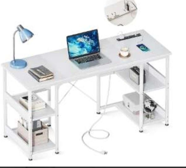 48 Inch Small Computer Desk with Power Outlets & USB Charging Port, Home Table with Storage Shelves, Student Laptop PC Desks for Small Spaces Home Off