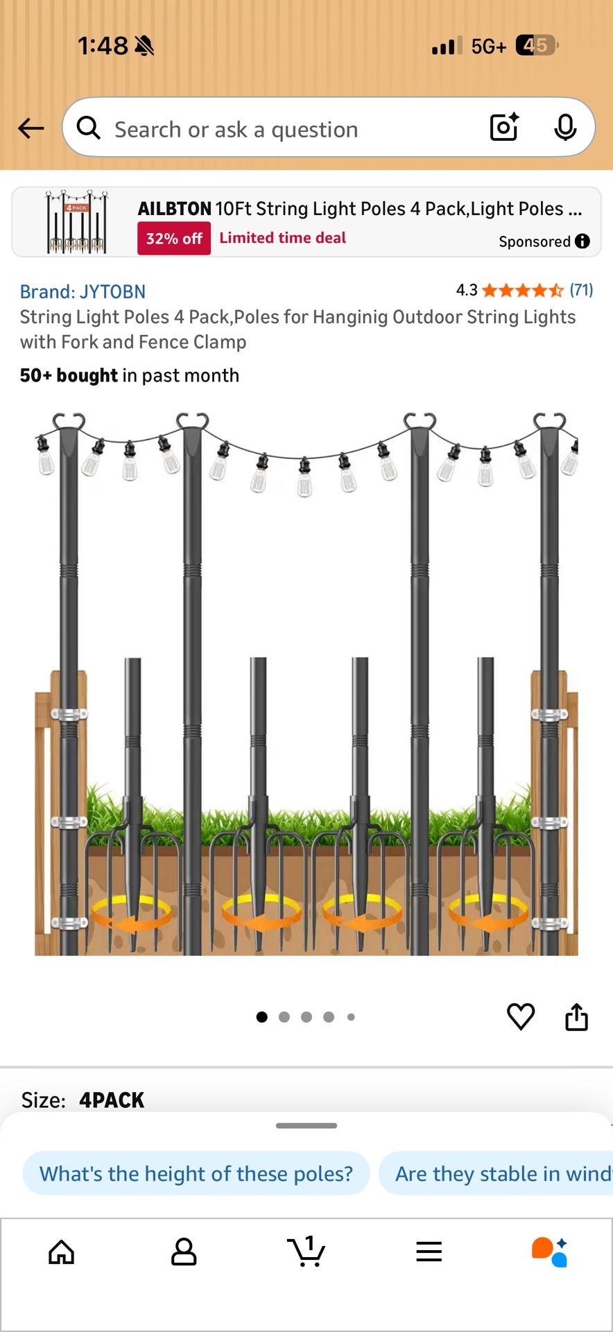 String Light Poles 4 Pack, Poles for Hanging Outdoor String Lights with Fork and Fence Clamp