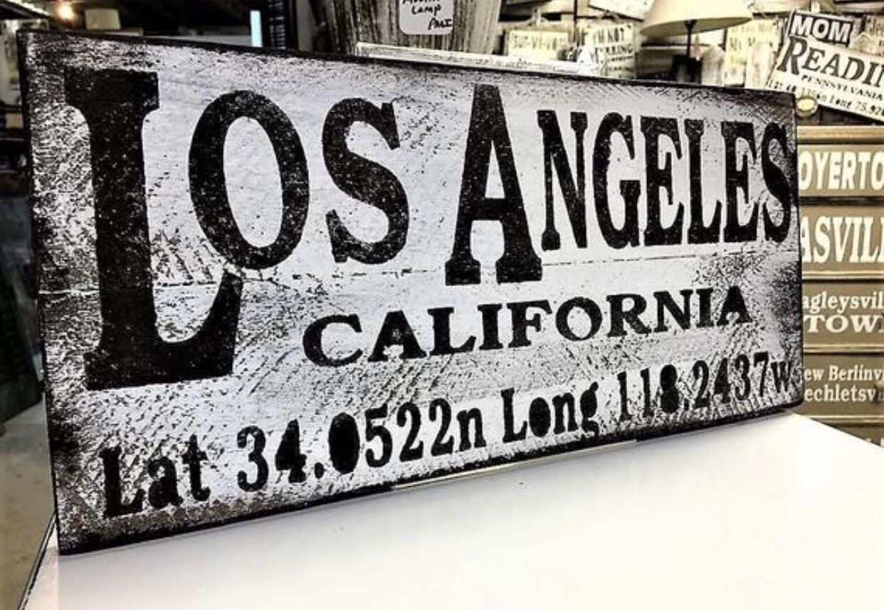 Los Angeles Longitude Latitude Town Sign, Rustic Distressed Home Decor, Hand Made Wall Art
