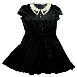 Hell Bunny Dress Large Black Velvet Graveyard Wednesday Addams Goth Mini Collar