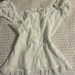 Vintage-Style White Puff-sleeve Ruffle Hem Top 