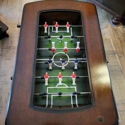 Unique Dark Wood Foosball Game Coffee Table with Glass Top - Man Cave/Living Room