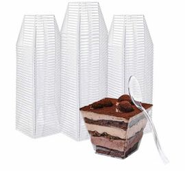 50 Pack 4oz Mini Dessert Cups with Soopns, Clear Square Dessert Bowls Small Plastic Parfait Cups Appetizer Cups for Wedding Party