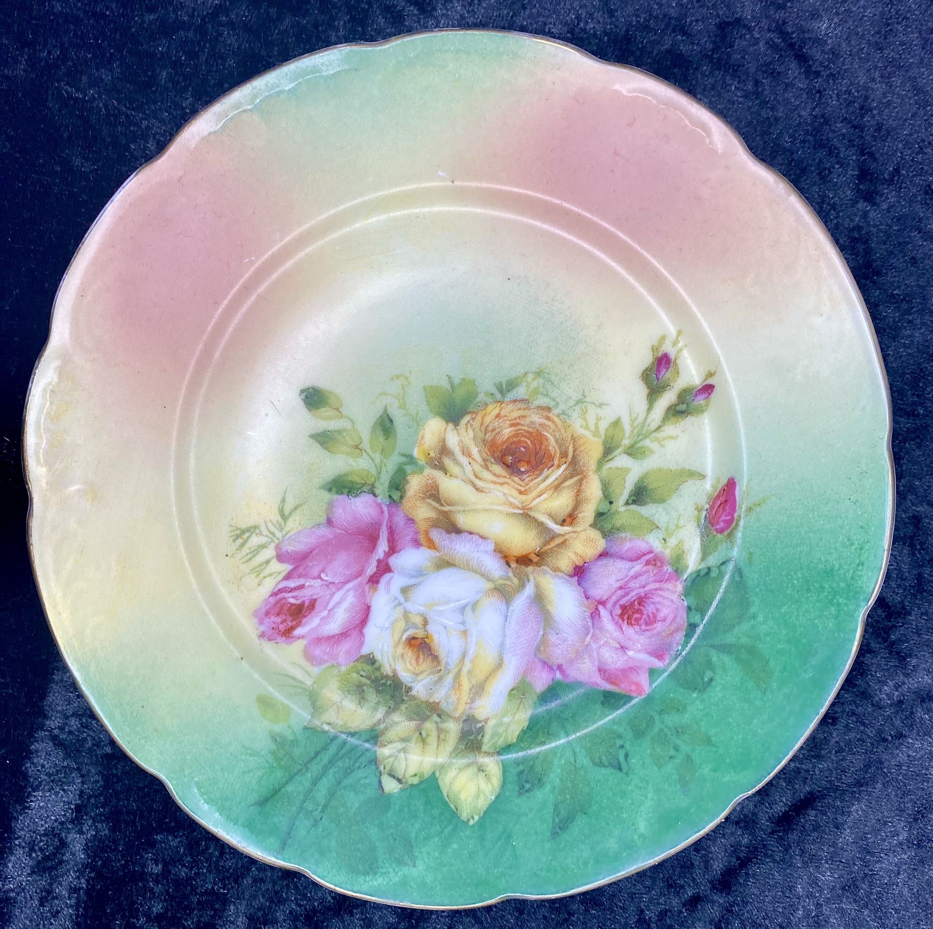 John O. HUMES Carlsbad Austria Collector Plate Multicolor Floral Roses Hand Painted Bone China.