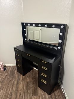 Black Vanity Desk with Mirror and lighting control