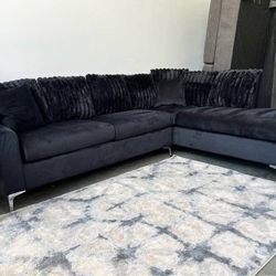 🔥 Brand New Black Velvet L Shape Sectional Sofa W/ Chaise | Pay After Delivery 🚚