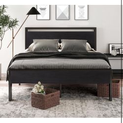 Black SHA CERLIN 14 Inch Queen Size Metal Platform Bed Frame with Wooden Headboard and Footboard