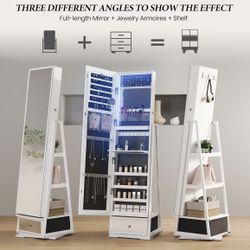 White 360° Swivel Mirror with LED, Storage, Shelves 