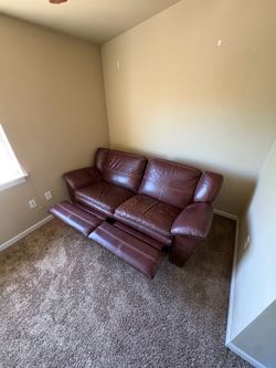 2 piece reclining brown leather couch