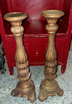 Beautiful ornate carved wood candlestick stands...$15obo for both