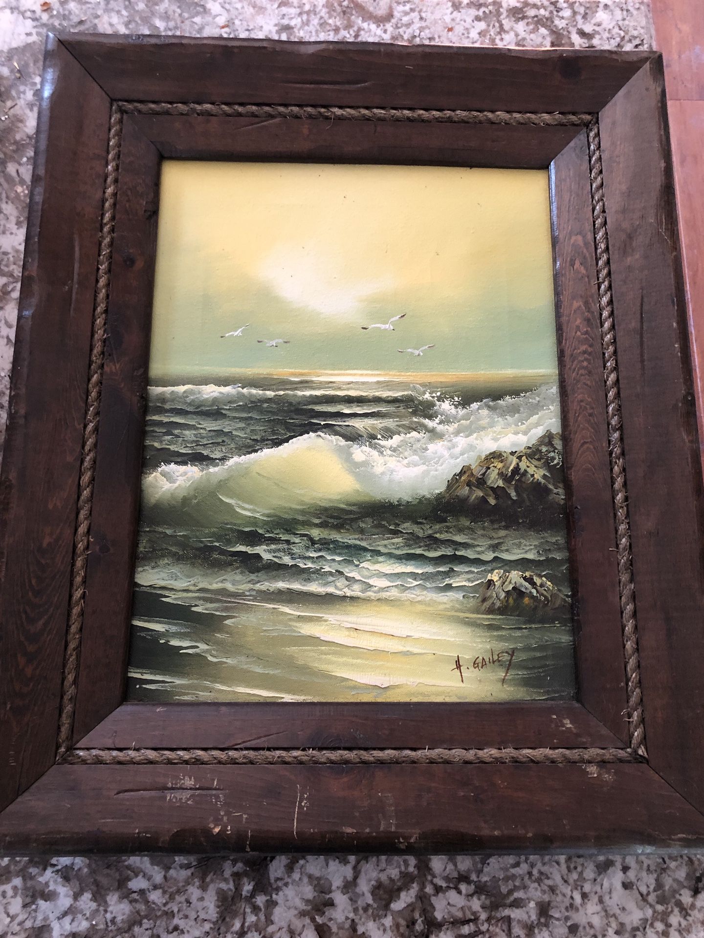 18”X22” Framed Oil Painting Ocean Waves Seagulls