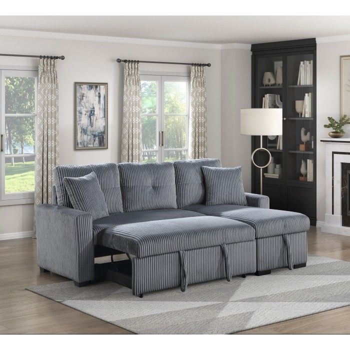 Reversible Corduroy Sectional With Storage Chaise Lounge And Hidden Pop Up Sleeper