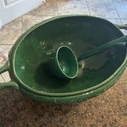 Vintage Majolica-Style Green Ceramic Serving Bowl + Ladle – $12