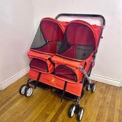 New Double Folding Dog & Cat Stroller Two-Seater Pet Carrier Cart, Red