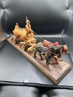 Vintage Hand Carved Wood Ox & Horse Wagon Sculpture Team Driver Folk Art 17"