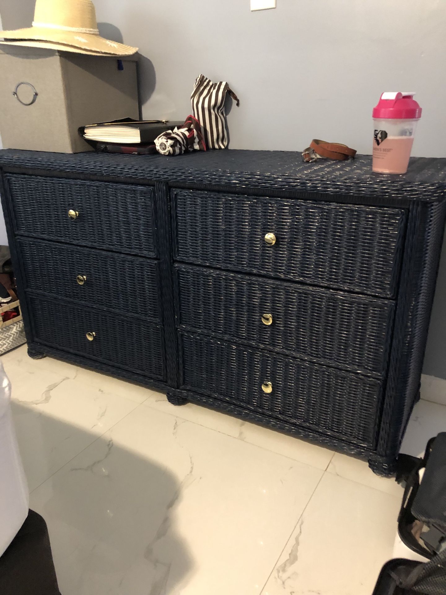 blue wicker dresser Lifestorey Taylor Mid Century Modern 6 Drawer Dresser with Natural Cane Midnight Blue