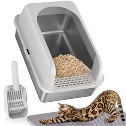 Stainless Steel Litter Box with Lid, Metal Litter Box with Cat Litter Mat,Extra Large Enclosed Cat Litter Boxes for Multiple Cats, Anti-Leakage,Non-St