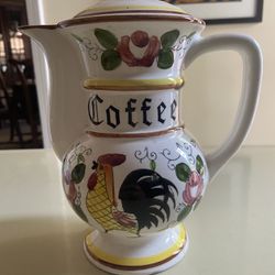 Vintage Royal Sealy  Ceramic Coffee Pot, Rooster Folk Art made In Japan and numbered