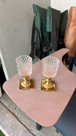 Crystal Cut Glass Candle Holders with Gold Base